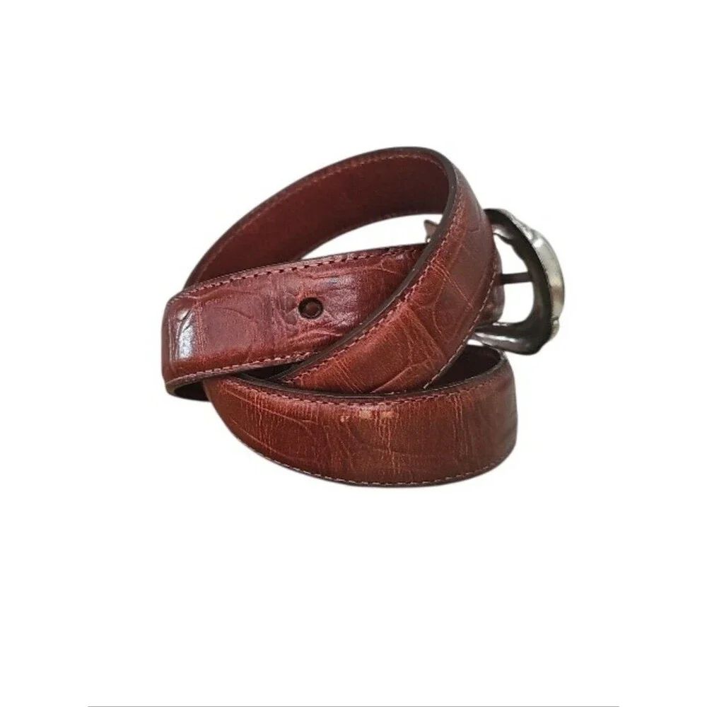 Brighton Vintage Leather Belt Women’s M Brown Silver Scroll Buckle Western USA